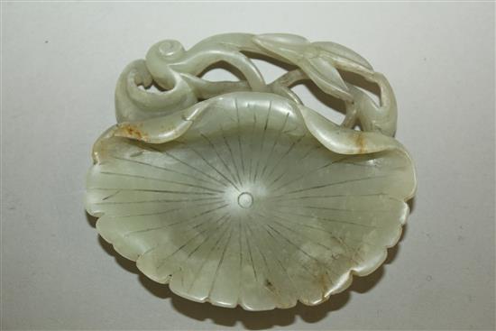 A Chinese pale celadon jade lotus leaf brush washer, 9.1cm